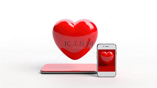 现代科技人物背景图片_3D 渲染一个可爱的红心人物吉祥物和现代手机，白色背景上有空白屏幕，适合您的设计