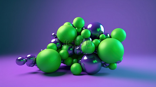 充满活力的紫色背景与 3D 渲染的绿色元球球体