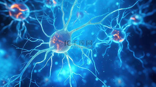 人体变形字背景图片_蓝色背景中传输的突触神经元信号的 3D 渲染