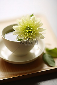 一杯上面有一朵绿花的茶