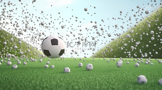 在足球场的框架背景上下降的足球的 3d 渲染视图