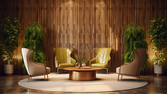 五星级酒店华丽的休息区，配有豪华木制家具 3D 渲染