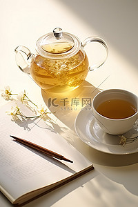 花茶茶壶背景图片_茶壶和杯子与空记事本