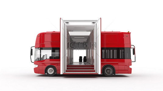 3D 渲染的白色旅游巴士位于红色集装箱内，白色背景上移除一侧墙