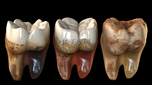 干净和脏牙齿的真实 3D 渲染比较集