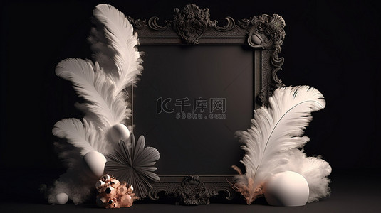 3d 渲染中的羽毛和珍珠装饰空白框架