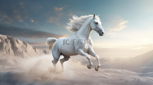 一匹白马全速驰骋的 3d 插图