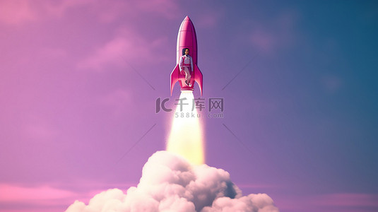 乘坐火箭 一个人踏上星际之旅的 3D 插图