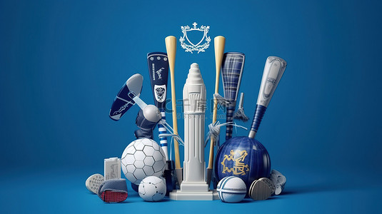 板球拍背景图片_苏格兰板球队在 3D 渲染中与蓝色背景上的比赛设备