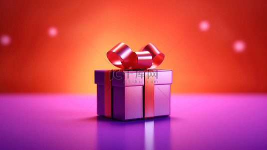 生动的 3D 渲染单个礼物，在醒目的紫色背景下饰有大胆的红色蝴蝶结