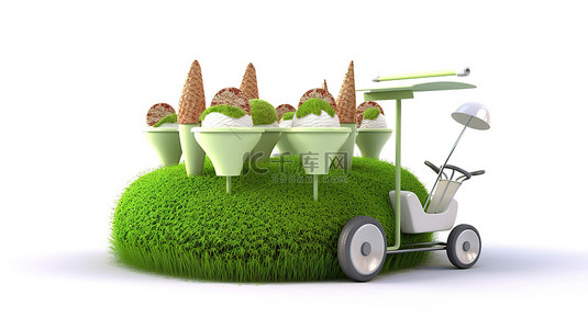 白色背景下郁郁葱葱的圆形绿色草坪上站立的冰淇淋车的 3D 渲染