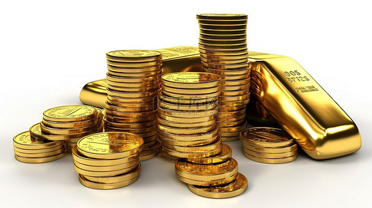 金币的 3D 渲染堆叠在白色背景上的绿色美元符号旁边，用于货币兑换