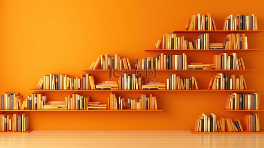 橙色背景下的 3D 书架上的书籍代表教育概念
