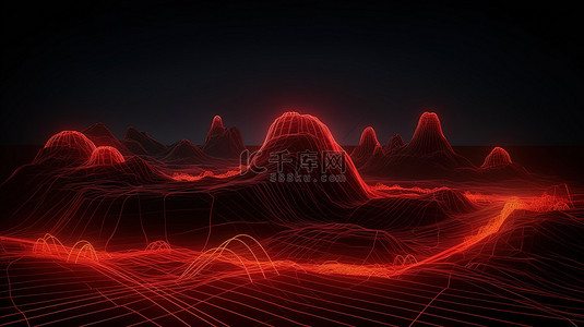 3d 渲染中霓虹灯线框和红光轨迹照亮的山地景观