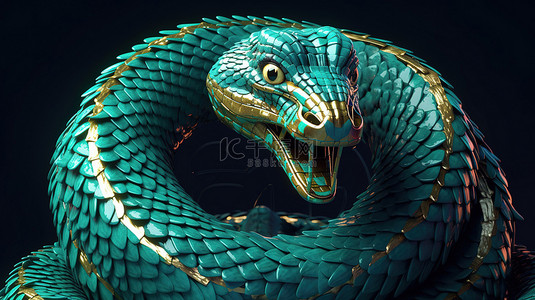 危险的卡尔达诺加密蛇盘绕并发出嘶嘶声的 3D 插图