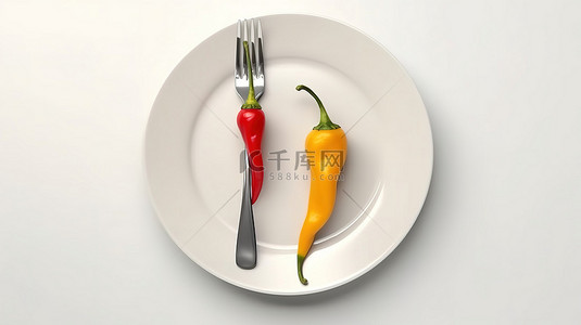 白色背景 3D 渲染上带有红色和黄色辣椒的盘子的顶部视图，并配有叉子和刀子