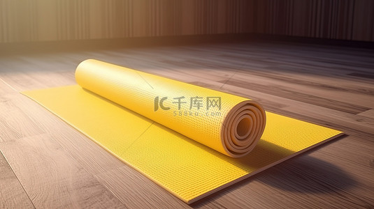 孕妇瑜伽卡通元素背景图片_木地板与 3D 渲染中充满活力的黄色瑜伽垫