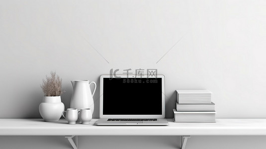 2022年9月份电脑壁纸背景图片_带笔记本电脑的白色混凝土架子的 3D 插图