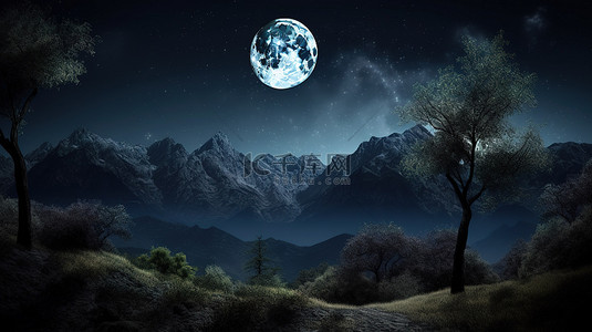 迷人的 3D 夜景壁纸，以黑暗的山脉树木星空和黑色背景上的月亮为特色