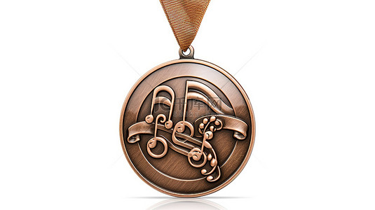 音乐中背景图片_第三名音乐铜牌，以 3D 插图中的白色背景隔离的高音谱号为特色