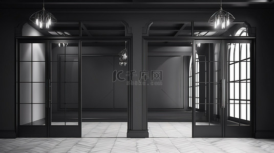 商店或办公室环境中时尚的黑色滑动门，用于横幅设计 3D 渲染