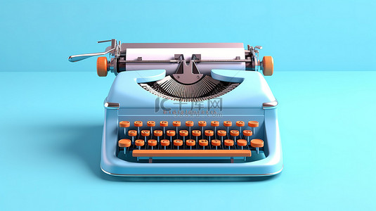 蓝色背景 3d 渲染上具有复古氛围的古董打字机