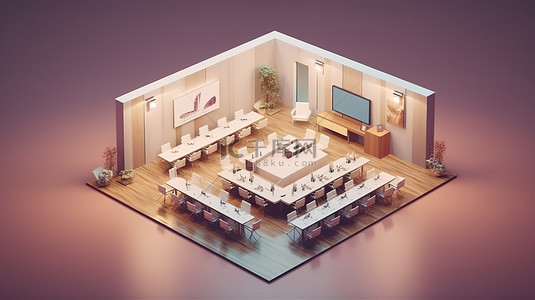 会议商务背景背景图片_会议室内部的现代等距 3D 渲染