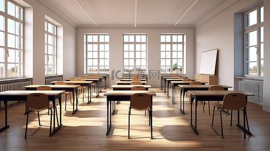 助农元素背景图片_空荡荡的学校教室，配有木制家具 3D 渲染