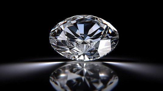 3D 插图中闪闪发光的圆形钻石镶嵌在黑色反光表面上