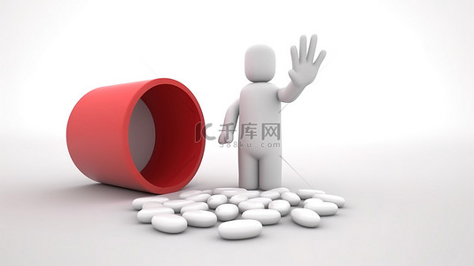 白色背景上持有带有寨卡预防标志的药丸的人的 3D 渲染