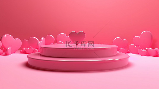 舞台上浪漫的粉红色心基座，抽象坠入爱河背景 3D 渲染