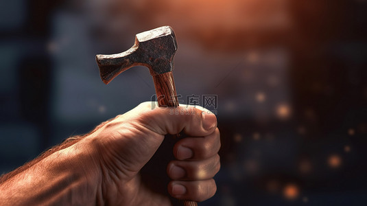 工人建筑背景图片_用于建筑和维修的男性手中的锤子的 3D 渲染