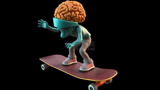 大脑角色在 3D 渲染世界中滑冰