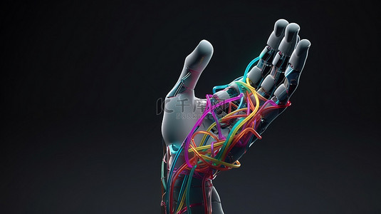 张开的手掌背景图片_未来派最小概念 3D 渲染彩色绳子与人工张开的手掌