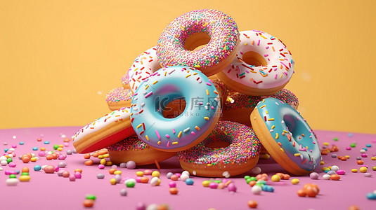 甜蜜的喜悦在 3D 渲染中的柔和背景上飞翔，五彩甜甜圈上洒满了糖水