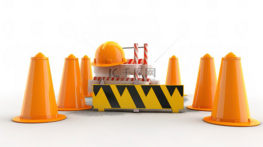 施工安全标志背景图片_白色背景下 3d 渲染中的路障和正在建设中的标志