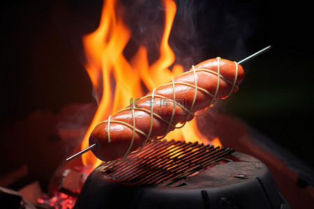 香肠背景图片_香肠热狗坐在炉子外面的棍子末端