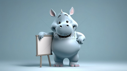 犀牛卡通背景图片_幽默的 3D 犀牛形象，带有标志和水滴