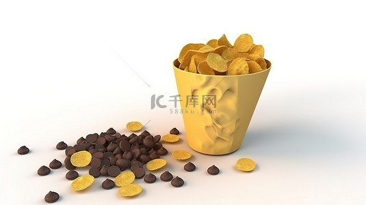 脆饼背景图片_白色背景上金色纸杯中美味巧克力片的 3D 插图