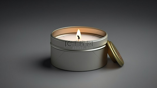 带有空白标签 3D 模型渲染的无品牌金属旅行蜡烛