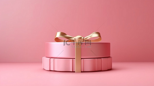 生日礼盒背景图片_粉红色底座的 3D 渲染，粉红色背景上带有金丝带礼盒