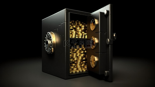 背景黑金背景图片_3D 插图描绘了位于安全储物柜上的金币以进行储蓄