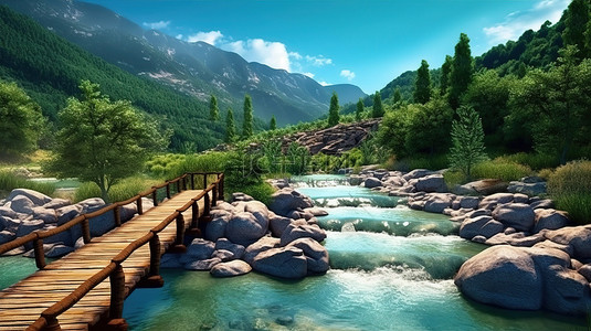 山区河流背景图片_山谷场景一座木桥穿过雄伟的岩石中的河流 3D 插图