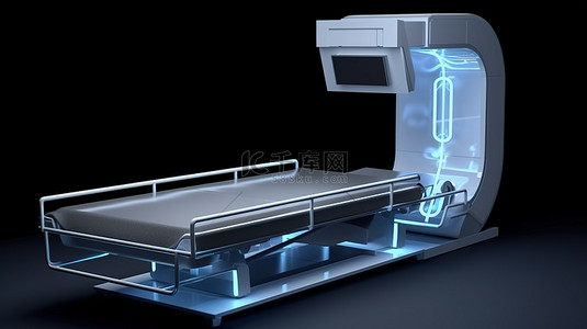 3D 渲染的 C 臂扫描机旁边的空床
