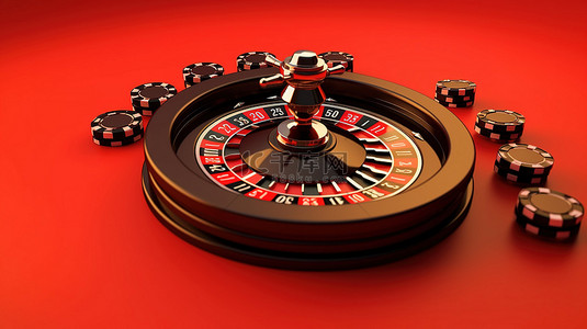 赌场中具有黑色轮盘赌轮和扑克筹码的红色背景的 3D 渲染