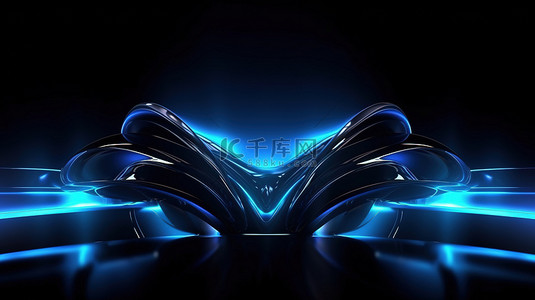 黑色背景与抽象蓝色霓虹灯形成未来科幻插画 3D 渲染