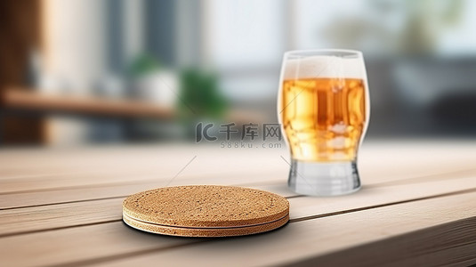白色木桌上带有圆形软木垫的啤酒杯垫模型的 3D 渲染