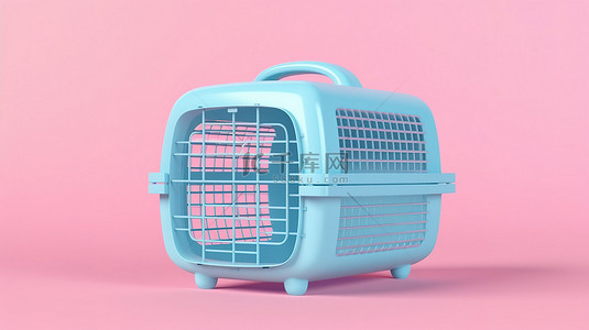 粉红色背景 3D 渲染上蓝色塑料宠物旅行笼载体的模型