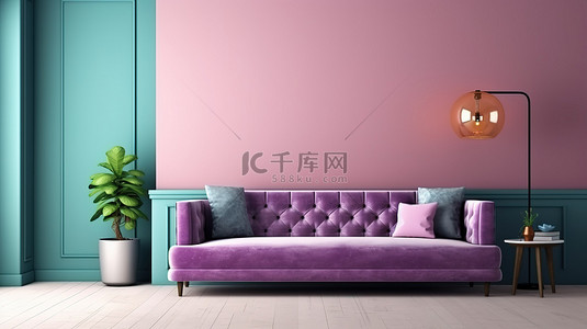 现代客厅的 3D 渲染，配有充满活力的紫色沙发时尚灯和墙壁 d Cor 框架