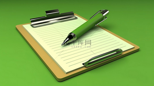 书写办公背景图片_绿色背景上用铅笔在剪贴板上书写的 3D 渲染